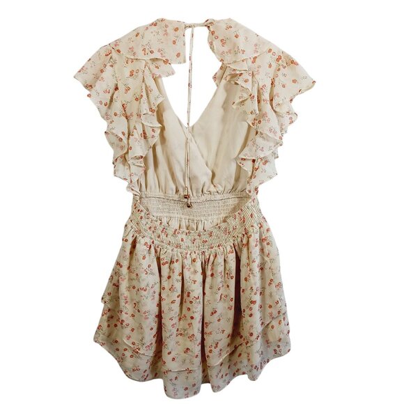 Sabo Skirt, Mini Dress, Ruffled, Open Back, Cream/Orange Floral, Size Medium - Picture 5 of 16
